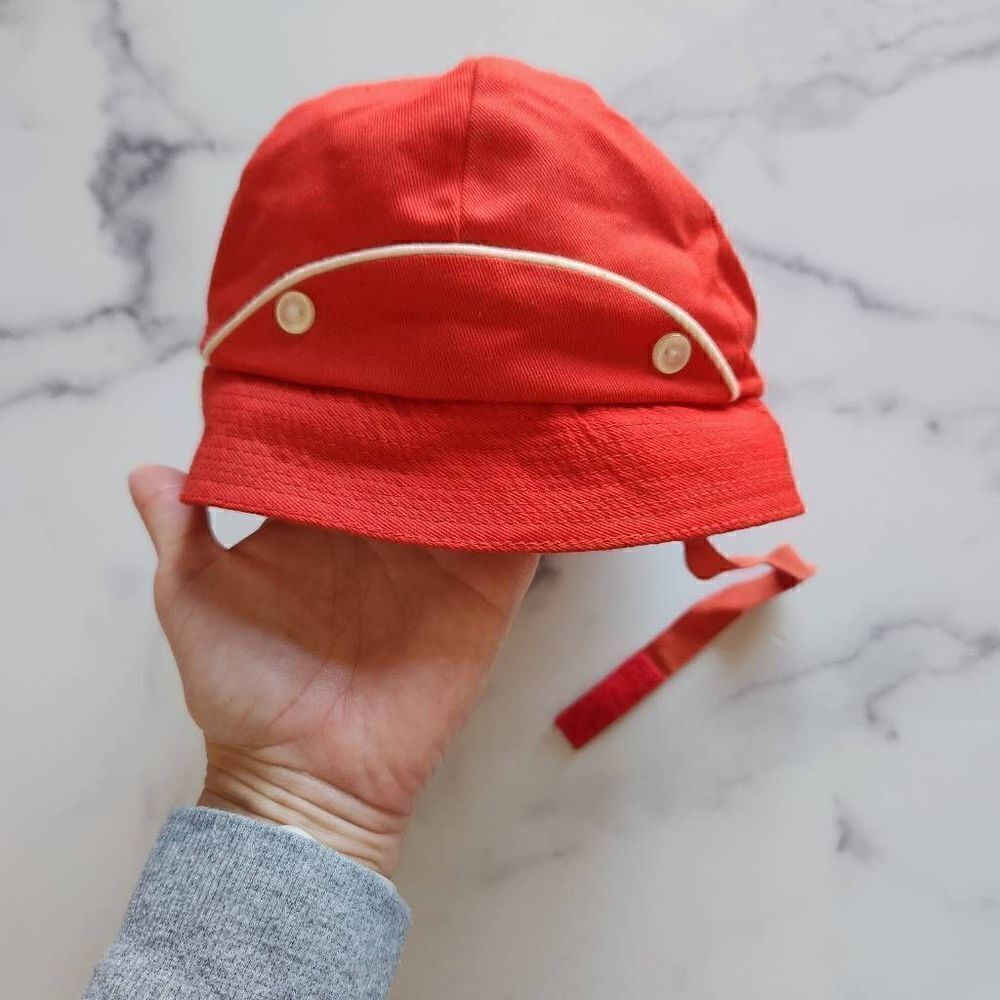 Little baby boy 0-24 month red cotton bucket summer hat vintage retro 70s chin s